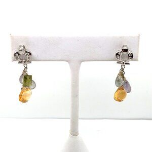 18K White Gold Amethyst, Citrine, Peridot, and Diamond Dangle Earrings